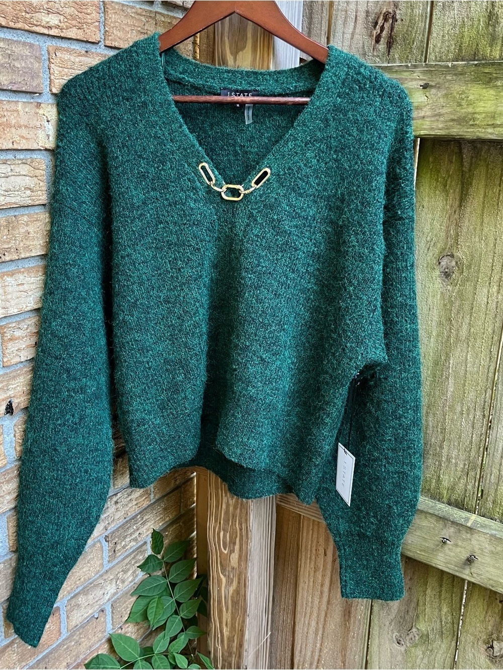 1STATE Emerald V-Neck Sweater with Gold Chain Accent